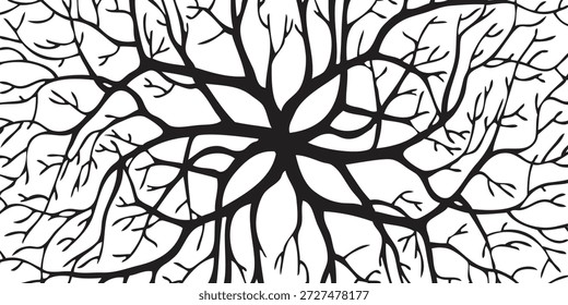 Ein fesselndes abstraktes Design mit einem dichten Netz von schwarzen Zweigen auf einem stark weißen Hintergrund, das ein visuell auffälliges und komplexes Muster erzeugt.