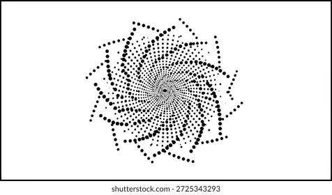 Um design abstrato cativante com um padrão de pontos geométricos com simetria radial. A disposição dos pontos cria um efeito de vórtice, desenhando o olho do observador em direção ao centro. O preto e