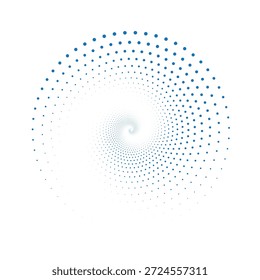 Un diseño abstracto cautivador con una disposición en espiral de puntos azules, que se desvanece gradualmente en intensidad y tamaño, creando una sensación de profundidad y movimiento sobre un fondo blanco limpio.