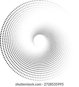 Um design abstrato cativante com um padrão em espiral de pontos pretos e cinzentos em um fundo branco, criando uma sensação de profundidade e movimento.