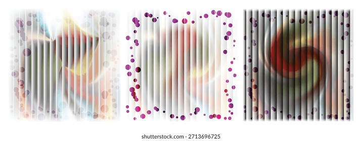 Cautivadora obra de arte digital abstracta con un tríptico de patrones coloridos con una superposición de rayas
