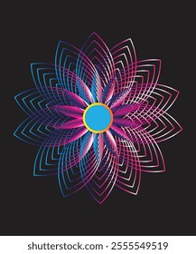 A captivating abstract flower design with purple and blue hues, featuring symmetrical layered petals on a dark background