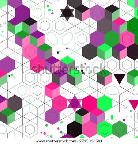 A captivating abstract geometric pattern unfolds with vibrant pink, green, and purple hexagons and cubes. Intricate lines and shapes interweave, creating a dynamic and visually engaging digital artwork. Modern and complex.