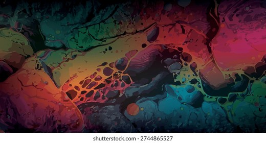 A captivating abstract image featuring organic, textured forms illuminated by a spectrum of vibrant, glowing colors, creating a dynamic and otherworldly visual experience.