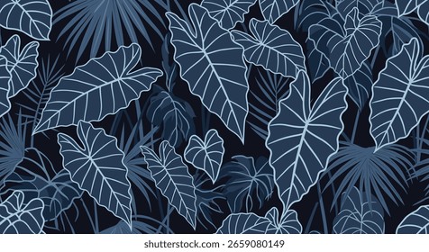 Captivating abstract jungle pattern featuring exotic tropical leaves in shades of deep blue and indigo creating a lush and mysterious atmosphere