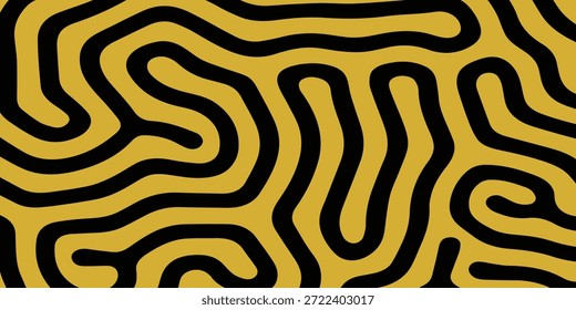 Um padrão abstrato cativante com um design de labirinto orgânico intrincado com linhas pretas grossas em um fundo amarelo vibrante, criando uma textura atraente e dinâmica.
