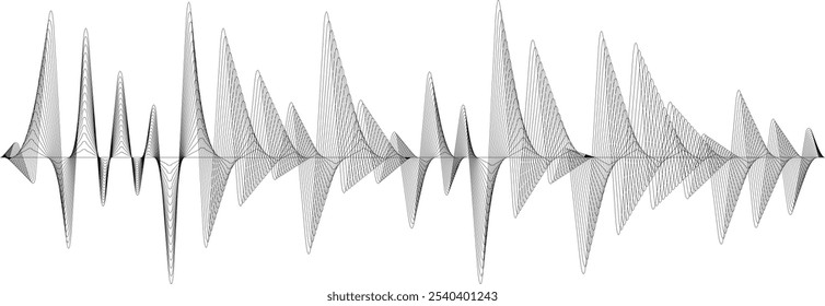 As linhas de ondas sonoras abstratas fascinantes representam visualmente as frequências de áudio, combinando tecnologia e arte de forma perfeita em um design moderno em preto e branco