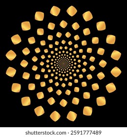 A captivating abstract spiral pattern formed by golden, rounded squares against a stark black background, creating an illusion of depth, motion, and metallic shine.