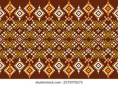 A captivating African-inspired textile pattern showcasing intricate geometric designs. The bold use of colors and symmetrical arrangement of shapes reflects the rich cultural heritage of African tribe