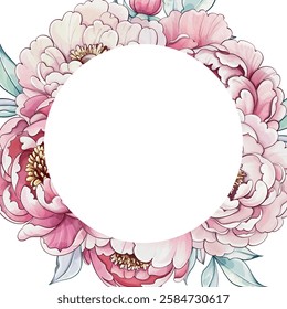 A captivating arrangement of soft pink peonies and elegant leaves forms a stunning floral frame, inviting creativity and inspiration template, background, frame