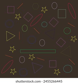 a captivating array of geometric shapes against a dark backdrop. It includes a mix of stars, circles, squares, triangles, and rectangles, each outlined and filled with vibrant colors