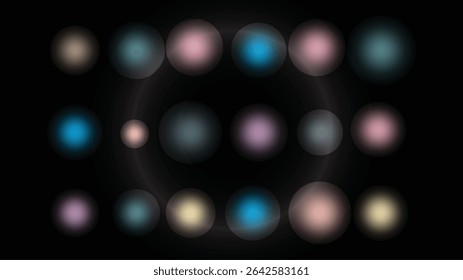 A captivating array of pastel-toned circles, softly focused and subtly textured, arranged in a grid pattern against a black background.