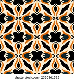 Captivating art deco pattern in black and orange adorns a pristine white background, forming an abstract composition reminiscent of dark flowers.