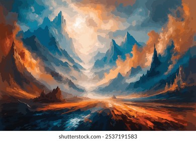 Arte cativante de terreno montanhoso com céu ardente e picos nebulosos, mostrando a grandeza e o poder da natureza. Perfeito para evocar aventura e maravilha em qualquer projeto criativo.