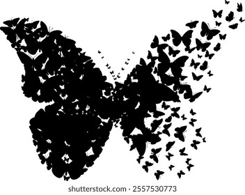 Captivating artwork showcasing a large black butterfly silhouette uniquely formed by numerous smaller butterflies, symbolizing transformation and unity. Perfect for creative projects, wall art,