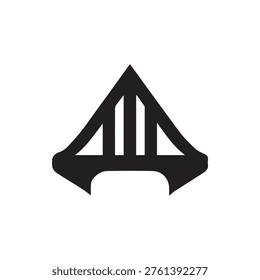 A captivating black abstract symbol on a clean white background. Features a pointed apex, two curved sides, and three vertical bars, suggesting a bridge or arrow.
