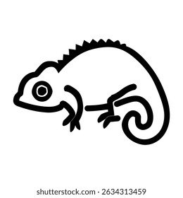 Captivating black line art shows a minimalist chameleon. The design features a spiraled tail, crest, and distinct eye, creating a clean, modern reptile aesthetic.
