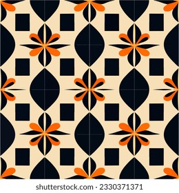 Captivating black and orange pattern gracefully placed on a white background. With repeating elements, it captures the essence of art deco design, making it suitable for fabric and more.