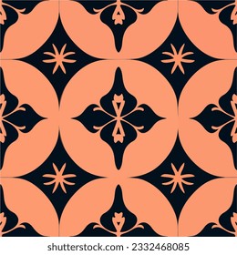 Captivating black and orange seamless pattern design featuring enchanting stars, resembling a dark floral art deco pattern.