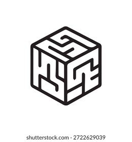 A captivating black outline geometric cube featuring an intricate maze design on its visible faces against a clean white background an abstract puzzle concept