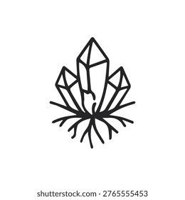 A captivating black outline illustration featuring three pointed crystals with intricate roots. Represents natural growth spiritual connection and grounding energy.