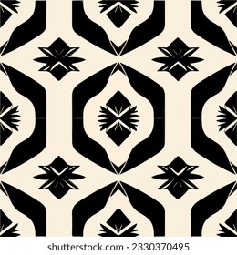 Captivating black and white abstract design, featuring an art deco pattern. This repeating fabric pattern showcases a mesmerizing tilework motif, adding a dash of sophistication to any space.