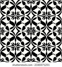 Captivating black and white abstract design resembling a dark flower pattern. Influenced by art deco and art nouveau, this intricate pattern showcases a blend of organic and geometric shapes.