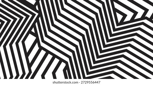 Captivating black and white abstract geometric pattern featuring intricate zig-zag lines and angular shapes, forming a modern and dynamic visual for contemporary design projects