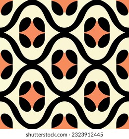 Captivating black and white abstract pattern vibrant orange background. The seamless design creates visually appealing repeating fabric pattern, with its intriguing shapes.
