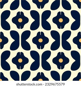 Captivating black and white art deco pattern adorned with vibrant orange circles, forming a seamless and visually appealing fabric design.