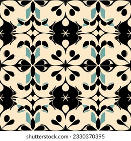 Captivating black and white art nouveau pattern with blue accents, showcasing a seamless damask design.