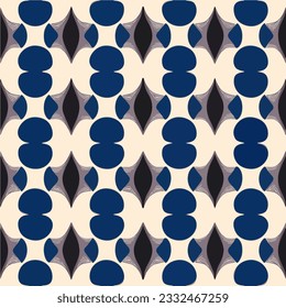 Captivating black and white background adorned with blue circles, forming an abstract pattern that repeats harmoniously. Its art deco influence makes it perfect for fabric designs with a touch.