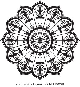 Un cautivador mandala circular en blanco y negro con un diseño intrincado y armonioso