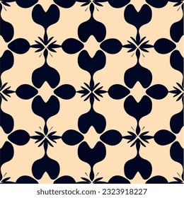 Captivating black and white damask pattern gracefully adorns beige background, creating repeating fabric design reminiscent of dark and elegant flowers.