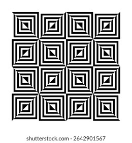 A captivating black and white geometric pattern featuring repeating squares with a strong optical illusion effect.