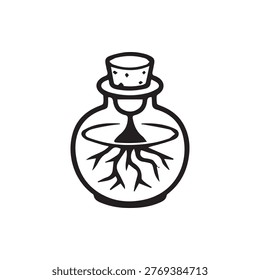 A captivating black and white icon featuring intricate roots growing inside a sealed glass bottle with a cork stopper representing nature's essence and magic.