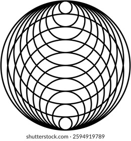 Captivating black and white illustration features sphere constructed from intersecting semicircles of varying sizes, creating mesmerizing optical effect. Clean lines compose this geometric art.