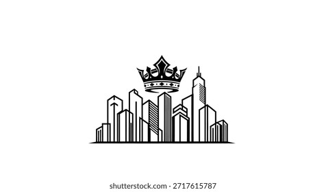 Uma cativante ilustração em preto e branco com um horizonte moderno da cidade adornado com uma coroa real. Esta imagem combina arquitetura urbana com design luxuoso, adequado para mostrar real