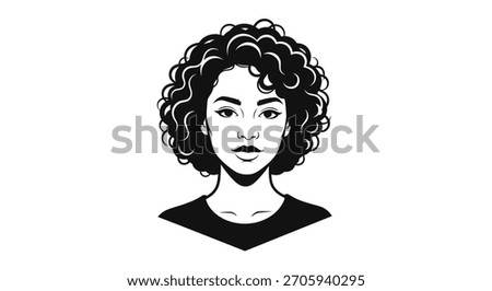 A captivating black and white illustration of a woman's face, featuring prominent curly hair and a direct gaze, rendered with strong lines and high contrast.