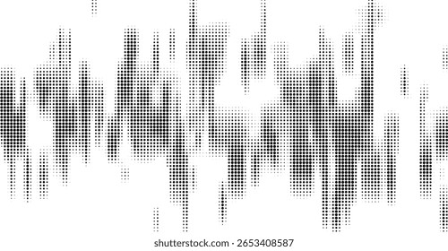 Uma imagem em preto e branco cativante apresenta um padrão dinâmico de pontos de meio-tom dispostos em linhas verticais, criando um design abstrato texturizado e visualmente impressionante com profundidade e ritmo