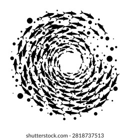 A captivating black and white image showcasing a circular formation of fish swimming in water, creating a mesmerizing visual effect.