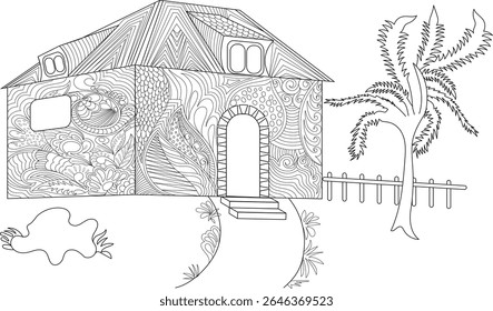Captivating black and white line art illustration showcasing a stylized medieval-inspired house adorned with intricate zentangle patterns, perfect for adult coloring books and creative projects.