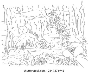 Captivating black and white line art of a graceful mermaid and playful dolphin in an enchanting underwater fantasy world with coral reefs and a sunken ship's wheel, perfect for col