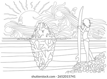 Cativante linha preta e branca arte de uma surfista mulher em uma praia com um iceberg e ondas abstratas, perfeito para colorir.