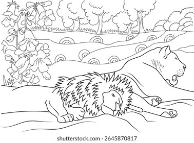 Captivating black and white line drawing of a male lion sleeping and a lioness resting in a serene landscape, ideal for coloring pages and educational content.