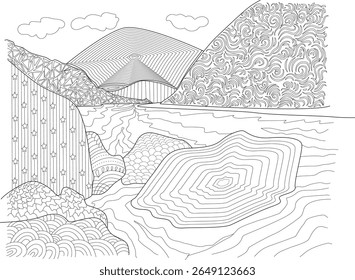 Captivating black and white mountain landscape illustration with abstract patterns and flowing river for coloring and design.