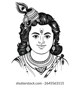  A captivating black and white outline portrait of young Lord Krishna, featuring his charming smile, expressive eyes, and signature peacock feather adorning his crown.