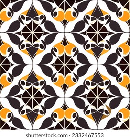 Captivating black and white pattern, adorned with vibrant orange accents, showcases the beauty of art nouveau and art deco influences, reminiscent of both floor and fabric motifs.
