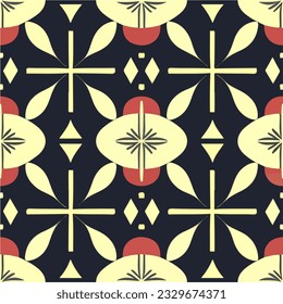 Captivating black and white pattern is enlivened by bold red and yellow circles. This seamless fabric design, with its art deco influence, creates a visually dynamic and appealing pattern.