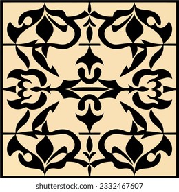 Captivating black and white pattern gracefully laid on a soothing beige background reminiscent of art nouveau floor patterns and intricate damask designs, akin to patterned tilework.